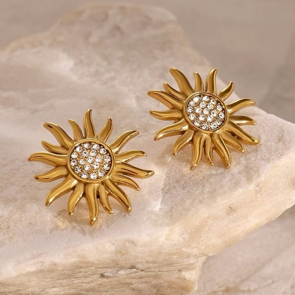 18k Gold Plated Sunburst Earrings - Gold Jewelry - Picture 2 of 5